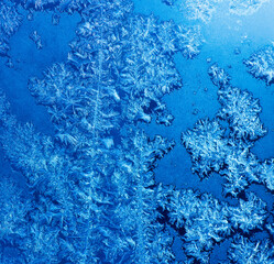 Frost patterns on a window in winter day (blue background)