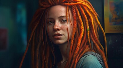 AI generated illustration of a female in colorful dreadlocks in an art style