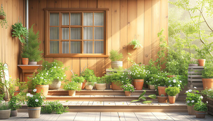 Fototapeta na wymiar The interior of early spring yard. Patio of a wooden house with green plants in pots