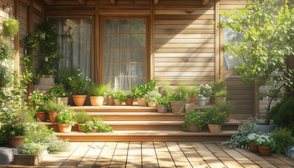 The interior of early spring yard. Patio of a wooden house with green plants in pots
