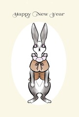 フリルの飾り襟と衣装を着けたかわいいウサギ　卯年　年賀状デザイン　手描きイラスト