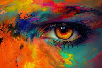 colorful eye of a woman with colored brushes