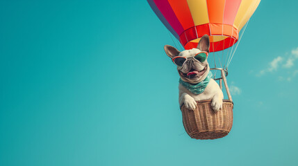 cute french bulldog wearing sunglasses on hot air balloon - obrazy, fototapety, plakaty