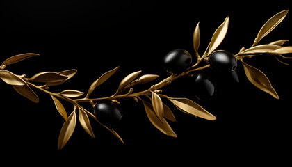 Black olives on a golden branch on a white background
