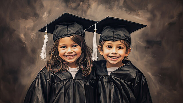 Kids in graduation attire created with Generative AI technology - Powered by Adobe