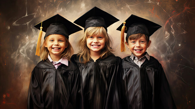 Kids in graduation attire created with Generative AI technology - Powered by Adobe