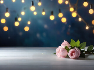 Bouquet of pink roses on a wooden table with bokeh background