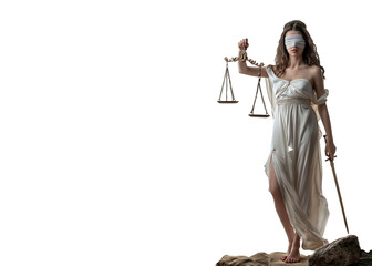 Full view of Greek Goddess Themis. Goddess of Justice. Roman mythology of a woman holding a scale of justice and sword. Justitia, Dike, Astraea, Nemesis, Adrestia, Iustitia. Olympian Greek god