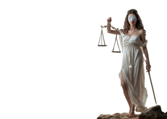 Full view of Greek Goddess Themis. Goddess of Justice. Roman mythology of a woman holding a scale of justice and sword. Justitia, Dike, Astraea, Nemesis, Adrestia, Iustitia. Olympian Greek god