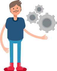 Beard Man Character Holding Gears
