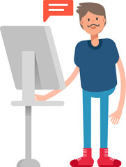 Beard Man Character Working on Computer
