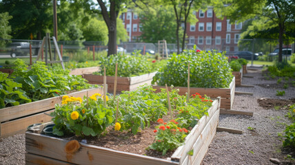 Fototapeta na wymiar A community garden flourishing with vibrant greenery, symbolizing urban agriculture and sustainable living