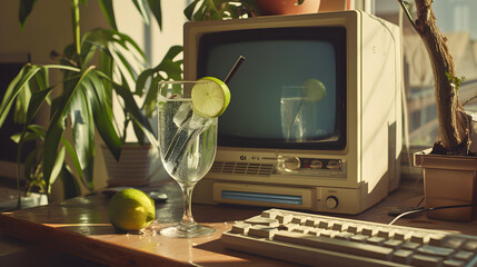 Cinematic wide angle photograph of a gin tonic sparkling cocktail with lime on a desk with an 90s beige computer. Product photography. Advertising.