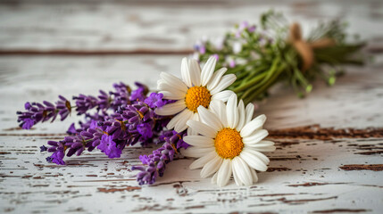 Obraz na płótnie Canvas Fresh bouquet of daisies on a rustic wooden table, symbolizing the simple beauty of nature and the arrival of spring