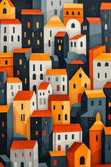 Colorful houses in a dense urban layout. Stylized textured town illustration for interior design