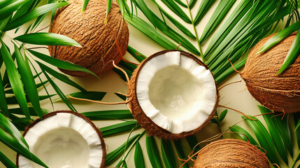 Fototapeta na wymiar Fresh Coconut Halves on a Tropical Background, A Symbol of Exotic Refreshment and Healthy Living