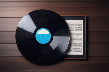 Obraz premium world Music Day, World Rock-n-roll Day, old vinyl records, musical notation, music notebook, top view, wooden background
