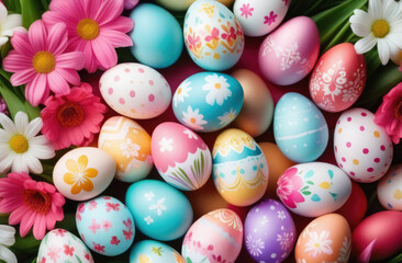 Fototapeta na wymiar Easter, lots of colorful painted eggs, delicate pastel shades, patterns and ornaments, spring flowers, top view