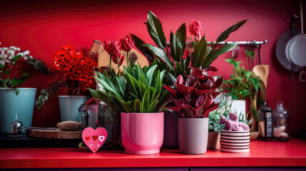Obraz na płótnie Canvas Valentine's Day themed house plants in kitchen with vivid, red background