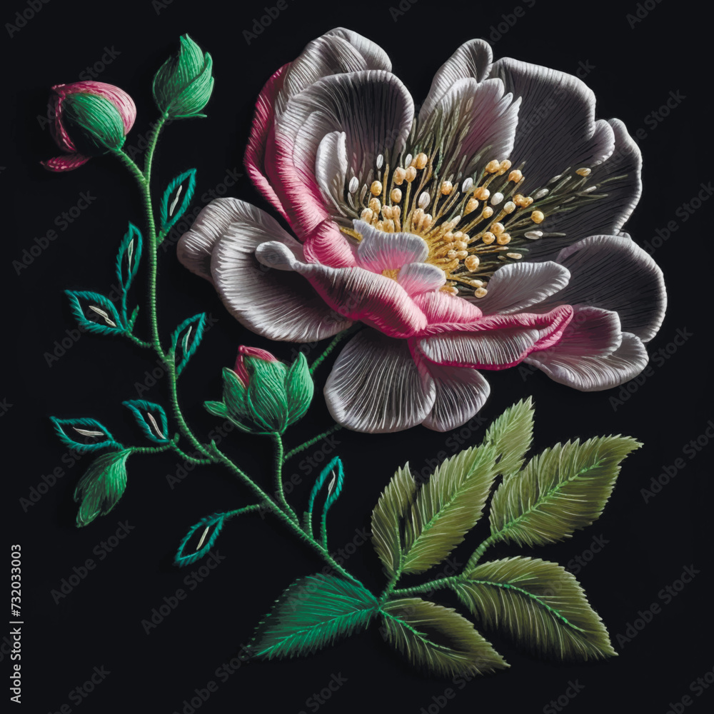 Wall mural stitching lines colorful 3d peony flowers pattern. embroidered exotic flowers, leaves. embroidery fl