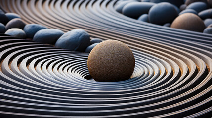 Naklejka premium Zen garden's Rhythm of Shadows: Light and shadow play on a central sphere, surrounded by concentric waves, epitomising focused energy.