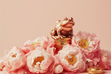 Chinese frog sitting on pile of golden coins covered with pink peonies. Symbol of wealth and a successful financial future.