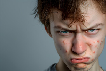 Teenage looks embarrassed and confused about the pimples that are showing up all over his face. - obrazy, fototapety, plakaty