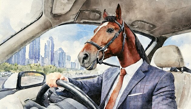 homem com cabe&ccedil;a de cavalo dirigindo, conceito stress no tr&acirc;nsito