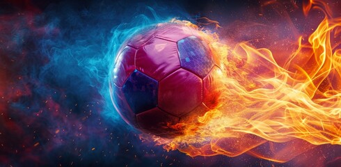 Fototapeta premium a soccer ball with fire and rainbow effect