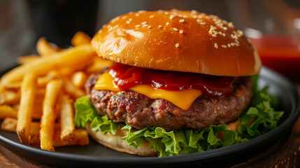 a cheeseburger with lettuce and ketchup on a black plate