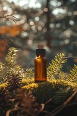 a bottle of essential oil on a natural background