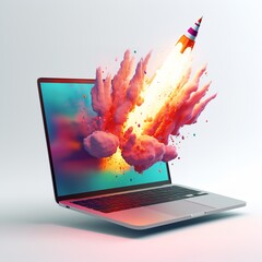 Rocket Emerging from Laptop Screen on White Background

