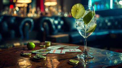 Cinematic wide angle photograph of a gin tonic sparkling cocktail with lime on a card game in a...