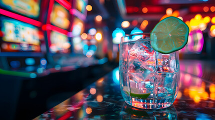 Cinematic wide angle photograph of a gin tonic sparkling cocktail with lime in a casino slot machines. Product photography. Advertising.