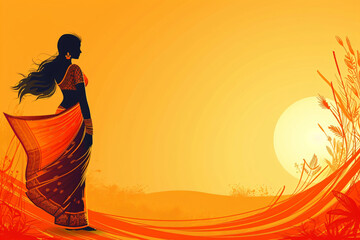 Silhouette of Indian woman in saree against sunset. Gudi Padwa celebration theme. Vibrant design for festival poster, invitation card with spacious copy space