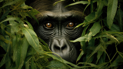 View through the jungle foliage of a low land baby gorilla