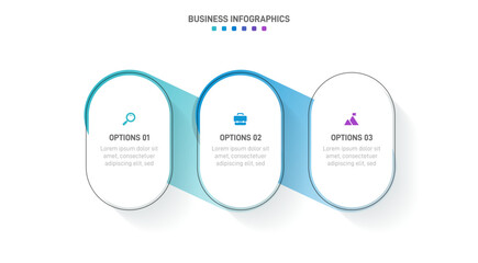 Timeline infographic with infochart. Modern presentation template with 3 spets for business process. Website template on white background for concept modern design. Horizontal layout.