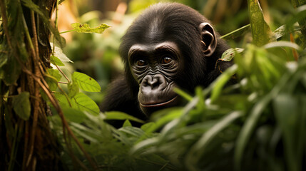 Curious bonobo gazes amidst lush foliage, exuding intelligence and contemplation. Its attentive stare reflects the endangered species' connection with its natural habitat, conveying a message of envir