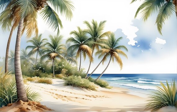 Tropical beach with palm trees, watercolor background