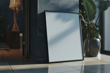 closeup of a blank picture frame mockup standing in a dark appartement background