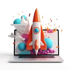 Rocket Coming Out of Laptop Screen on White Background

