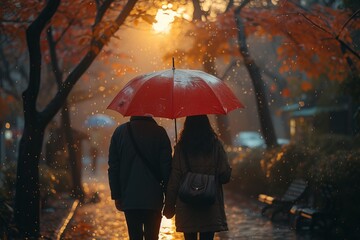 Silhouettes of a couple in love standing face to face under an umbrella against the backdrop of flickering lights and rain Concept: comfort in a relationship, dates between lovers