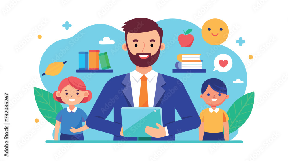 Poster smiling teacher with tablet and students in classroom setting