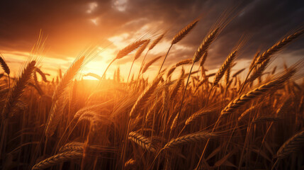 Golden Hour Harvest: A serene wheat field bathed in the warm glow of sunset, symbolizing abundance and tranquility.