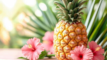 Fresh Pineapple on a Yellow Background, Tropical Fruit with Juicy Sweetness
