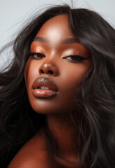 Sublime Chocolate Radiance: Portrait of a Stunning Woman with Lustrous Curls and Glossy Lips