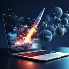 Startup Concept with Rocket Flying Out of Laptop

