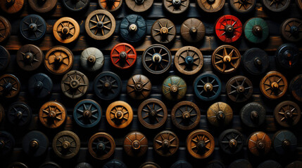 Fototapeta premium Wheel pattern background, Blue orange, red hubcaps and wheels create its automotive themed design 