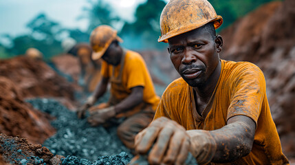 Hombres trabajando en una mina en el corazón de Africa. Ejemplo de explotación y esclavitud.  - obrazy, fototapety, plakaty