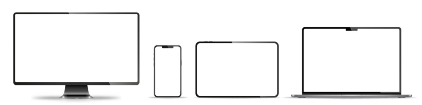 Device screen mockup. Smartphone, tablet, laptop and monoblock monitor, with blank screen for you design. Stock royalty free vector illustration. PNG
